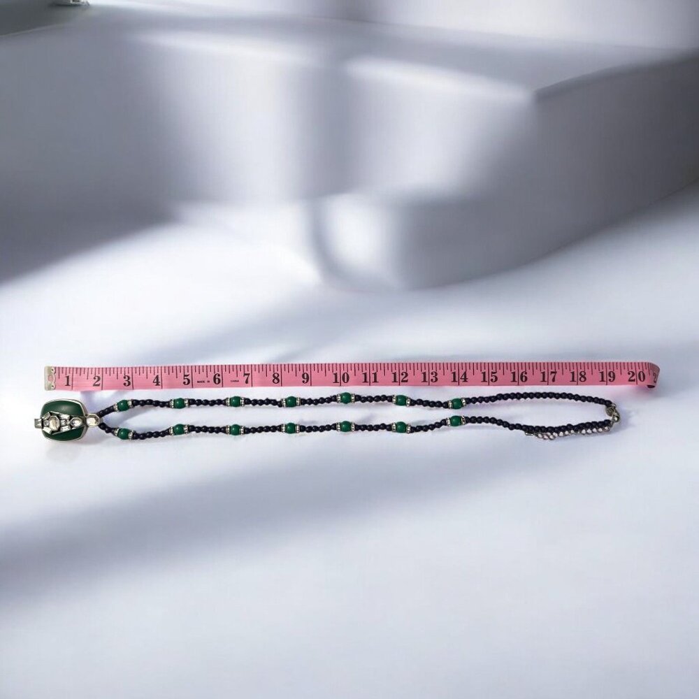 Lia Sophia Retired Art Deco Inspired Necklace Green Crystal Pendant Beaded - Picture 9 of 11
